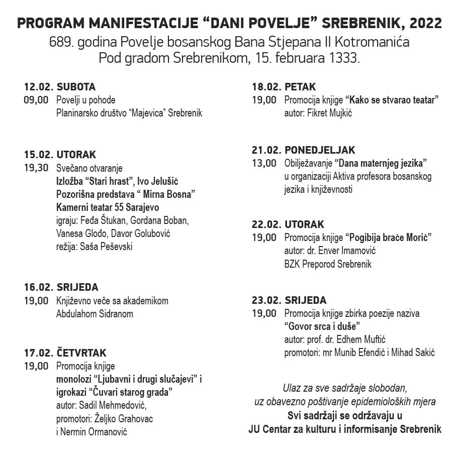 Program manifestacije 1 Dani povelje Srebrenik 2022