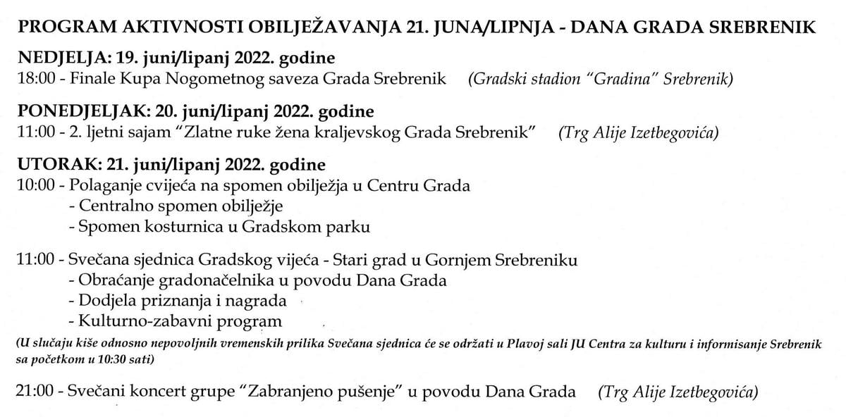 Program aktivnosti obiljezavanja 21. juna Dana Grada Srebrenika